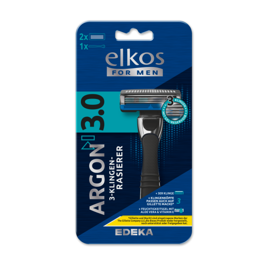elkos FOR MEN Argon 3.0 3-Klingen-Rasierer 1 Griff, 2 Klingen 