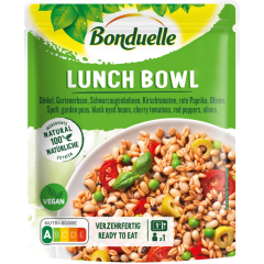 Bonduelle Lunch Bowl Dinkel, Gartenerbsen, Schwarzaugenbohnen, Kirschtomaten, rote Paprika & Oliven 250 g 