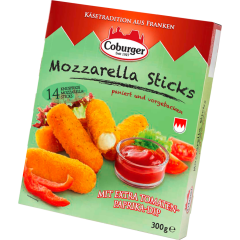 Coburger Mozzarella-Sticks 45 % Fett i. Tr. mit Tomaten-Paprika-Dip 14 Stück 