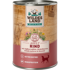 Wildes Land Nassfutter für Hunde mit Rind, Süßkartoffeln, Heidelbeeren, Wildkräutern & Distelöl 400 g 