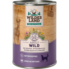 Wildes Land Nassfutter für Hunde mit Wild, Kürbis, Preiselbeeren, Wildkräutern & Disterlöl 400 g 