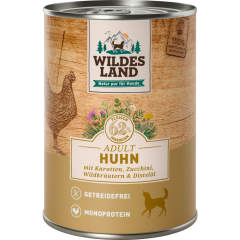 Wildes Land Nassfutter für Hunde mit Huhn, Karotten, Zucchini, Wildkräutern & Distelöl 400 g 