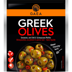 Gäa Greek Olives ohne Stein Chili schwarzer Pfeffer 150 g 