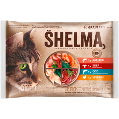 SHELMA Katzenfutter Fleisch/ Fisch 4 x 85 g 