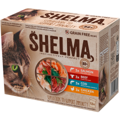 SHELMA getreidefreies Katzenfutter Huhn/Rind/Lachs/Kabeljau in Sauce 12 x 85 g 