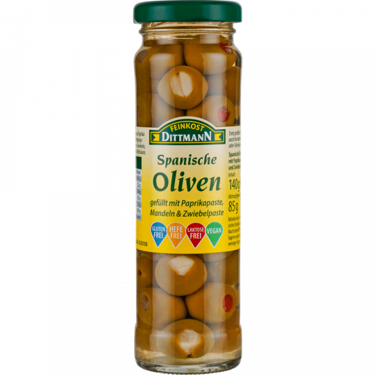 FEINKOST DITTMANN Spanische Oliven grün mit Paprikapaste, Mandeln & Zwiebelpaste 140 g 