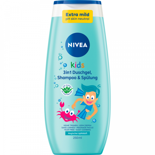 NIVEA Kids 3 in 1 Duschgel, Shampoo & Spülung Magischer Apfelduft 250 ml 