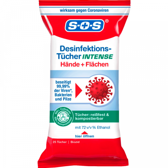 SOS Desinfektions-Tücher INTENSE Hände + Flächen 25 Stück 