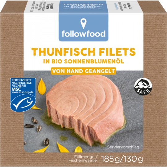 followfood MSC Thunfisch Filets in Bio-Sonnenblumenöl 185 g 