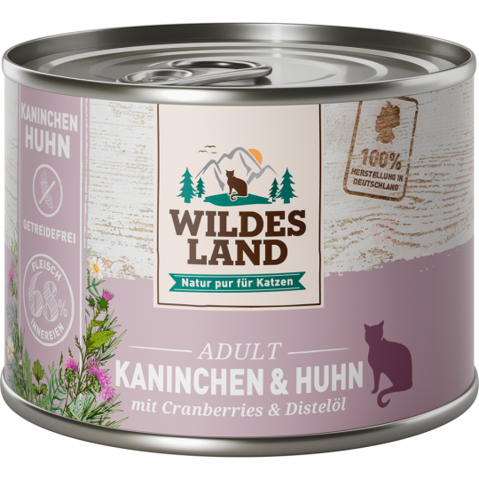 Wildes Land Nassfutter für Katzen mit Kaninchen, Huhn, Cranberries & Distelöl 200 g 