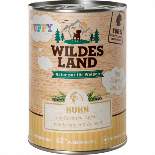 Wildes Land Nassfutter für Welpen mit Huhn, Karotten, Äpfeln, Wildkräutern & Distelöl 400 g 