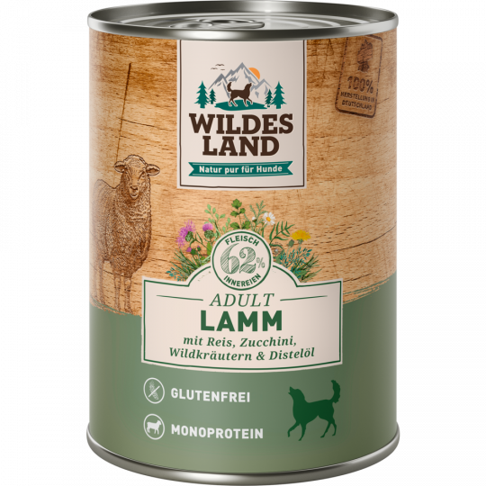 Wildes Land Nassfutter für Hunde mit Lamm, Reis, Zucchini, Wildkräutern & Distelöl 400 g 