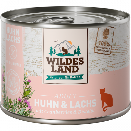 Wildes Land Nassfutter für Katzen mit Huhn, Lachs,  Cranberries & Disterlöl 200 g 