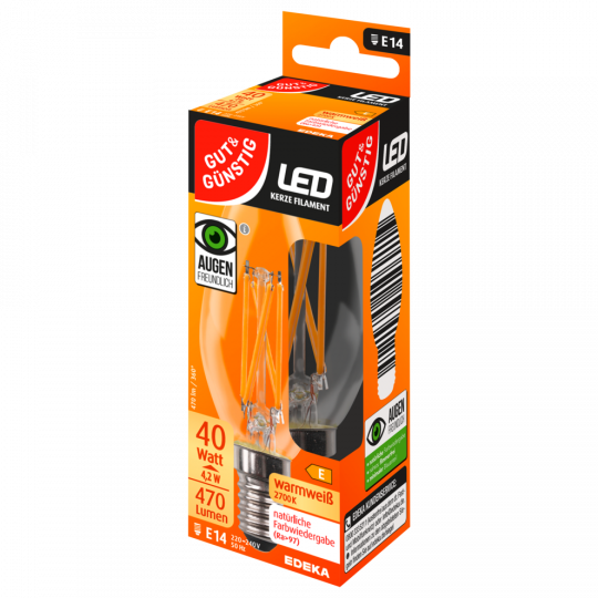 GUT&GÜNSTIG LED Filament Kerze E14, 470 Lumen, 4,2 Watt 1 Stück 