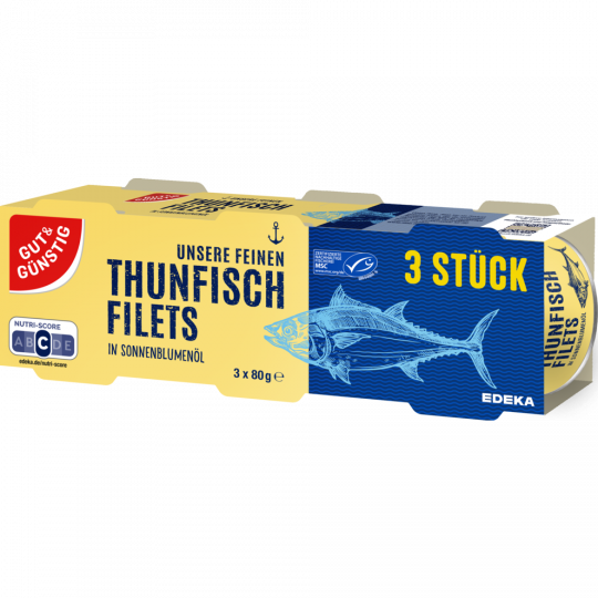 GUT&GÜNSTIG Thunfischfilets in Sonnenblumenöl, 3er Pack 3x80g 