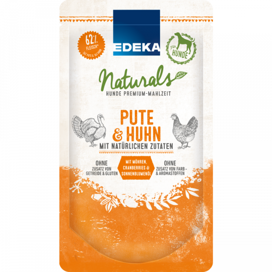 EDEKA Naturals Hunde Premium - Mahlzeit Pute & Huhn mit Cranberries, Möhren & Sonnenblumenöl 125 g 