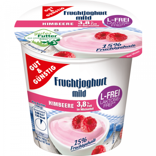 GUT&GÜNSTIG Laktosefreier Fruchtjoghurt 3,8% Fett Himbeere 150 g 