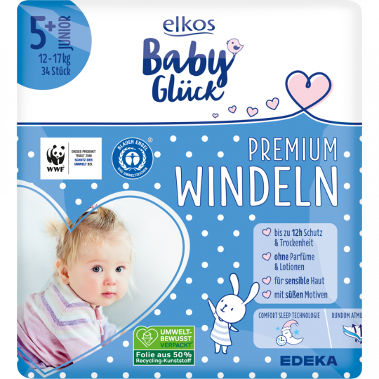 EDEKA elkos Baby Glück Windel Gr. 5+ Junior Plus 12-17 kg 34 Stück 