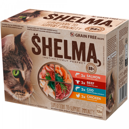 SHELMA getreidefreies Katzenfutter Huhn/Rind/Lachs/Kabeljau in Sauce 12 x 85 g 