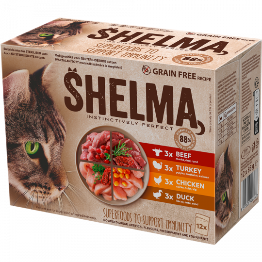 SHELMA Katzenfutter Huhn/Rind/Ente/Truthahn in Sauce 12 x 85 g 